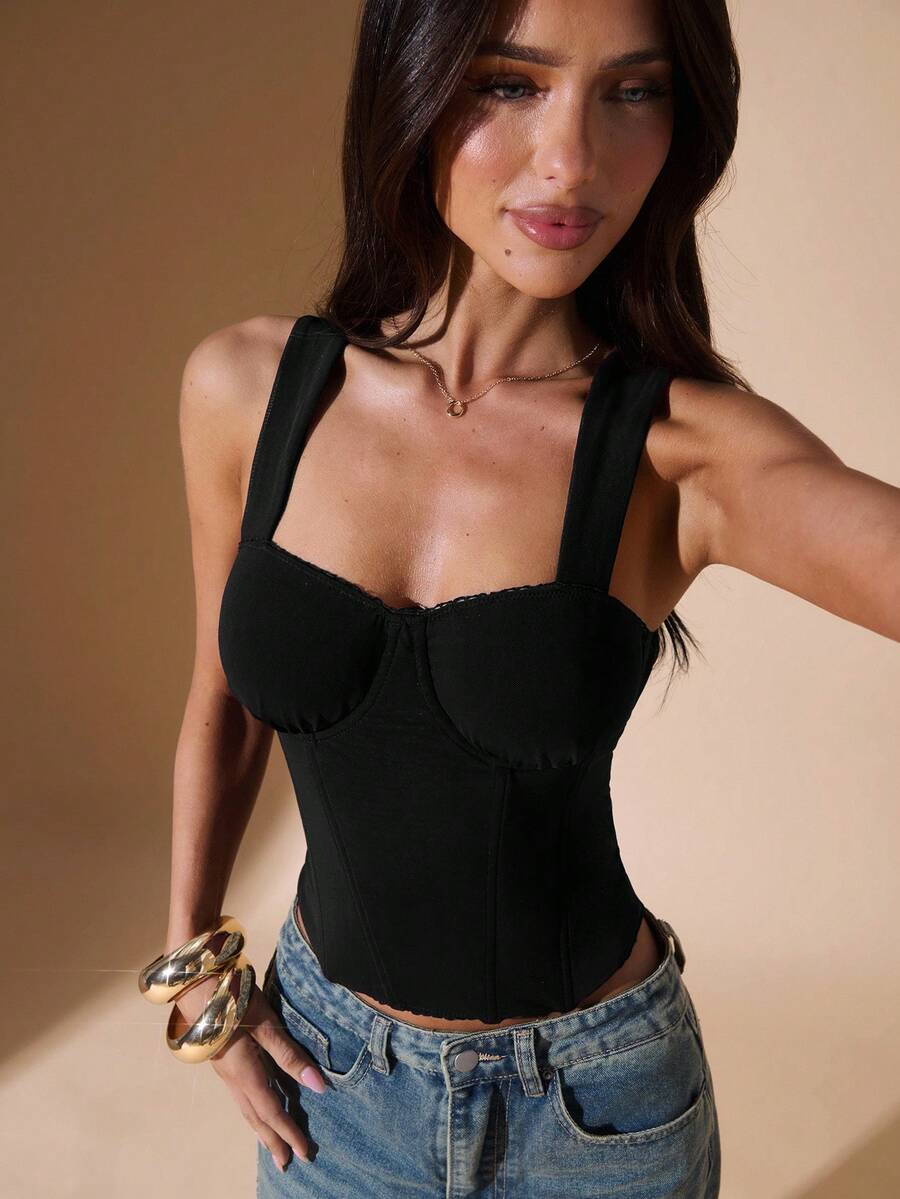 SHEIN BAE Tank Top Wanita Polos dengan Potongan Pas Badan dan Tali Tebal yang Elegan - Hitam - View 1