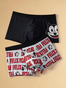 Felix The Cat X SHEIN Men's Soft Breathable Cat & Letter Pattern Trunks - Black - View 1