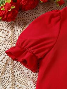 少女度假休闲舒适红色泡泡袖开衫搭配渐变红色褶皱印花连衣裙，适合日常度假穿着 - 紅色 - 查看 9