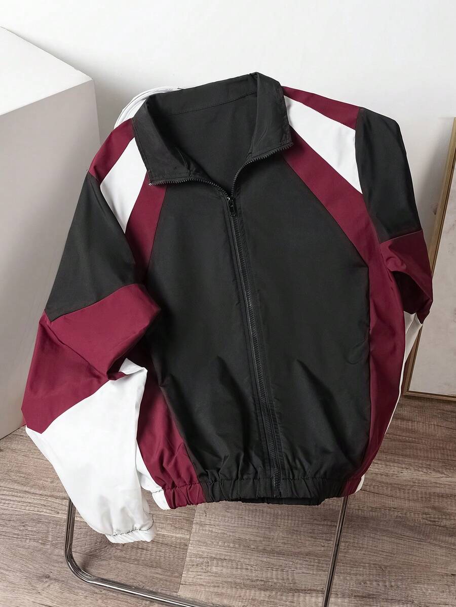 Manfinity Joysei Men's Color Block Zipper Outdoor Windbreaker Bomber Jacket, Fall, Grunge - Burgundy - View 1