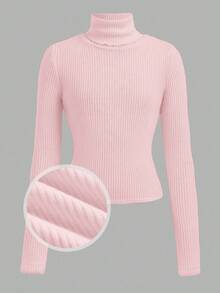 Tween Girls Solid Color Knit Turtleneck Casual Slim Fit Ribbed Pullover T-Shirt,Light Pink Winter School Versatile Layering Top Long Sleeve Ribbed Top - Pink - View 3