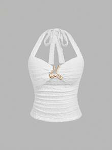 Sweetra Áo hai dây cổ yếm họa tiết jacquard trang trí kim loại cỡ lớn - trắng - Xem 1