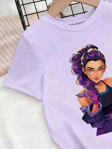1pc Young Girl Cute Kpop Girl Print Purple Short Sleeve Top, Loose Fit, Suitable For All Seasons: Spring, Summer, Autumn, Winter, Great Christmas Gift For Girls