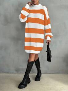 EURMUSE Women Drop Shoulder Sweater Dress With Striped Pattern - Orange - View 2