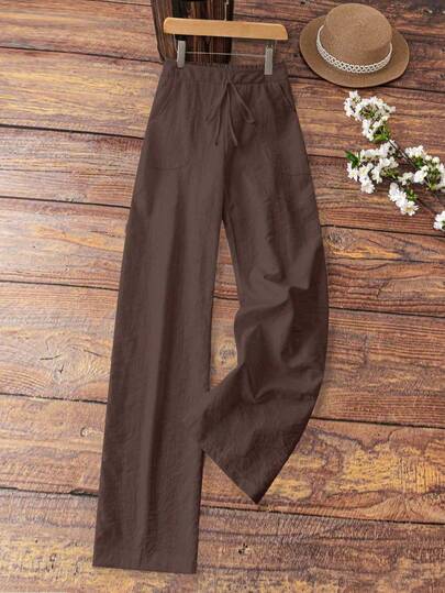 SHEIN Tall Women's Elegant French Style Vacation Casual Linen-Look White Lining Pocket Pants Fall Cloth For Women