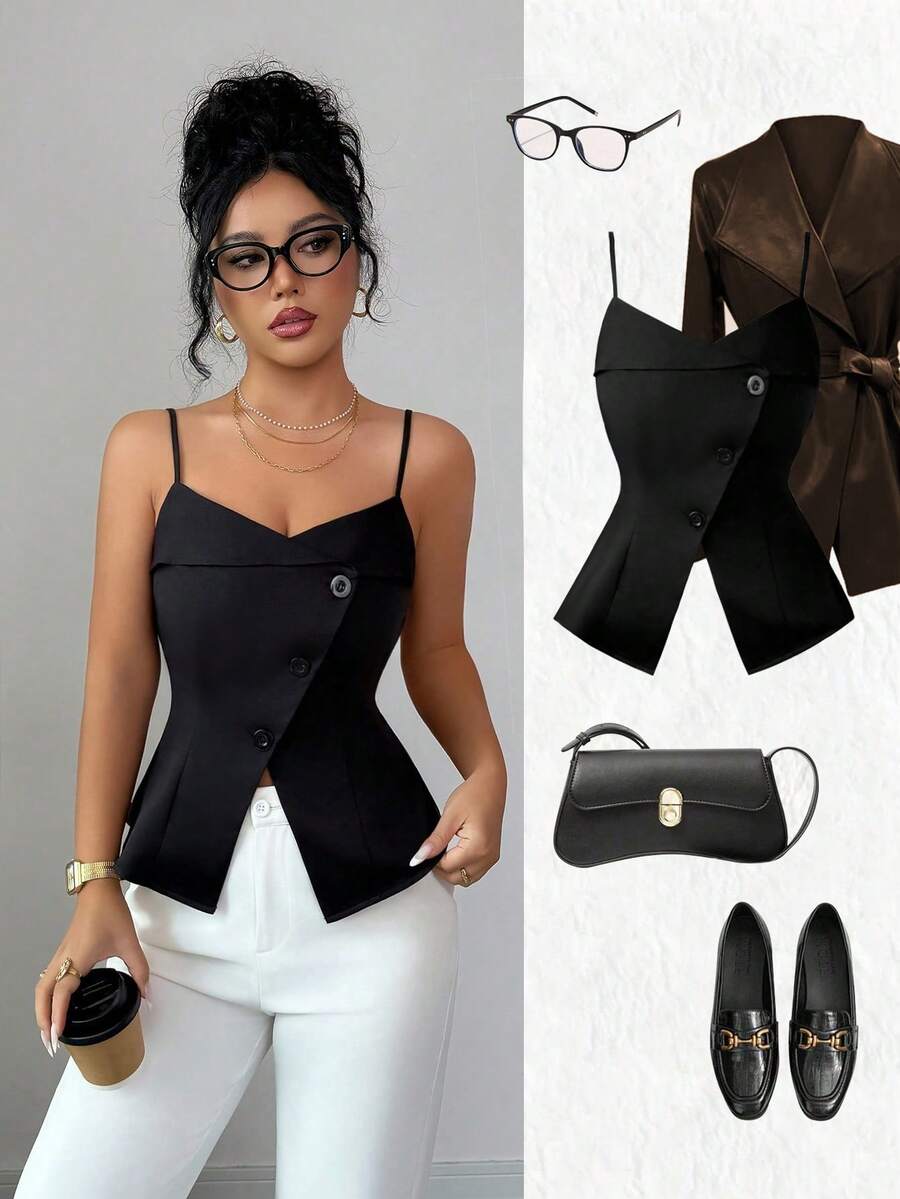 Elenzga Áo hai dây cổ chữ V mới dành cho nữ, vải dệt, dáng ôm, áo hai dây thanh lịch, thường ngày, đa năng cho mùa xuân/thu - màu đen - Xem 1