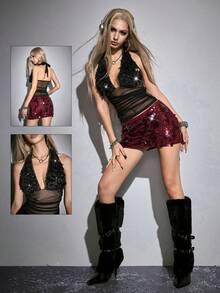 ROMWE Avant Y2K Sexy Party Music Festival Sequin Embroidered Halter Backless Top - Black - View 1