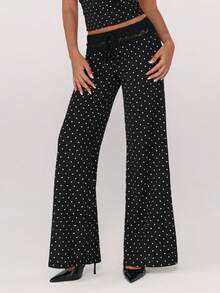Sweetina Women's Black Casual Retro Vacation Style Polka Dot Print Low Waist Contrast Lace Tie Flare Leg Pants - Multicolor - View 3