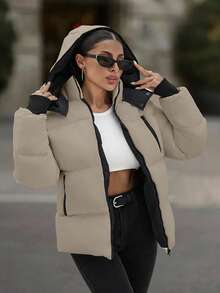 EURMUSE Hooded Zipper Detailed Contrast Rib Cuff Quilted Women's Casual Puffer Down Jacket - Mocha Brown - View 6
