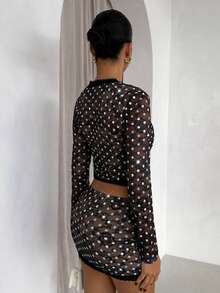 SHEIN Glamour Lace Black And White Polka Dot Deep V Neck Long Sleeve Top + Bodycon Mini Skirt 2 Pieces Set,Autumn 70's Club Night Party Disco See Through Mesh - Black - View 5