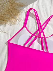 Teen Girls Fuchsia One-Piece Swimsuit, Fitted Crossback Adjustable Straps - Hot Pink - View 4