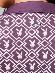 Missguided x Playboy 女士长袖修身 Polo 衫，紫色几何印花兔子标志，翻领纽扣前襟，秋冬休闲衬衫 - 彩色 - 查看 5