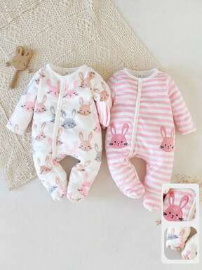 2pcs Baby Girl Cute Rabbit Print Striped Rabbit Print Fleece Round Neck Footie Jumpsuit, Soft & Comfortable For Casual, Home, Outdoor Play, Versatile For Autumn/Winter