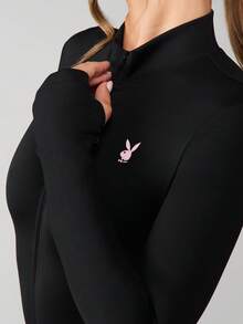 Missguided x Playboy Long Sleeve Zip Front Athletic Jumpsuit Fitted Full Length One Piece Activewear Bodysuit For Workout Training Gym Exercise - Black - View 6
