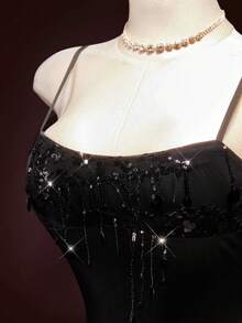 SHEIN ICON 2件套 女士修身亮片拼接流苏露脐上衣和迷你裙 - 黑色 - 查看 4