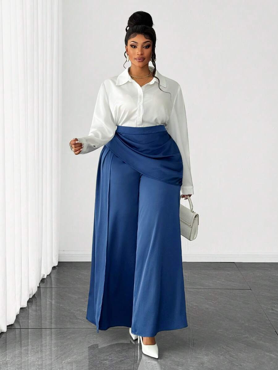 Maweii Calça Pantalona Plissada de Cor Sólida para Mulheres Plus Size ...