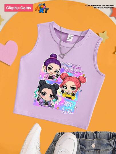 GraphicGems Tween Girl Fashionable Casual KPOP Girl Group Printed Sleeveless Tank Top, Purple Basic Tank Top, Comfortable Everyday Layering, Suitable For All Seasons, Punk Cyberpunk 5 6y Crop Top Purple Girl Cute Crop Top Lavender Tank Top Girls Cute Girl Tops