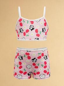 Felix The Cat X SHEIN Young Girl Cartoon & Cherry Print Camisole Bra And Boyshort Panty Lingerie Set - Pink - View 1