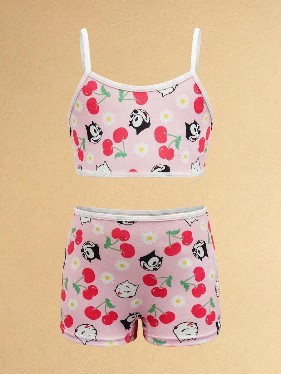 Felix The Cat X SHEIN Young Girl Cartoon & Cherry Print Camisole Bra And Boyshort Panty Lingerie Set - Pink - View 1
