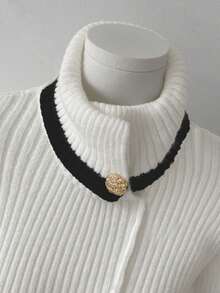 GlowEve 秋冬新款白色金属扣高领拼接长袖上衣，时尚休闲收腰蝴蝶结百搭女式毛衣 - 黑與白 - 查看 3