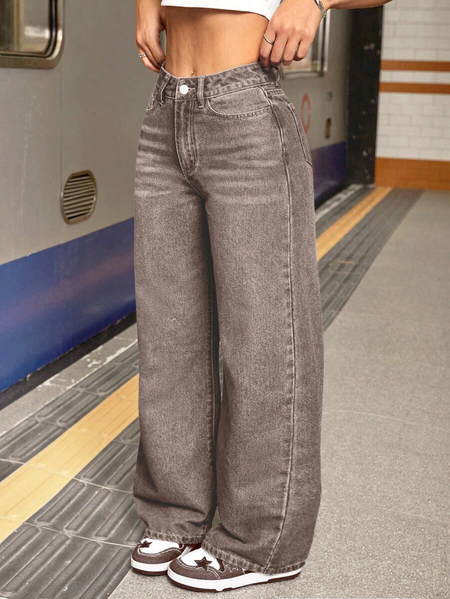 SHEIN Tall Women's Casual Everyday Loose Fit Jeans With Pockets And Buttons - Coffee Brown - View 1