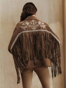 Anewsta 纯色复古刺绣贴花提花织带，激光切割长流苏，翻领，胸前工装口袋，长袖衬衫 - 棕色 - 查看 3