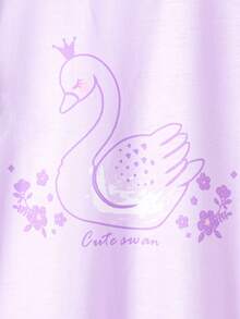 两件套女童短袖长袖连衣裙，紫色和白色，甜美宽松长裙，天鹅卡通可爱图案，柔软面料，公主风，舒适家居服，夏季 - 粉色 - 查看 8