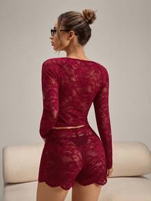 SHEIN Women's Sexy Romantic Sheer Lace V-Neck Long Sleeve Bustier Crop Top & Shorts Pajama Set - Burgundy - View 2