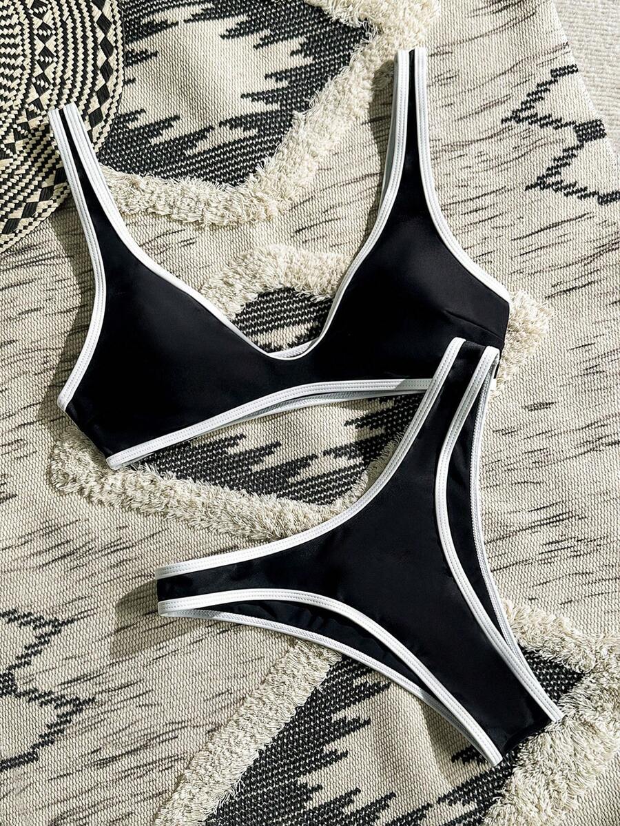 Swim Vcay White Trim Bikini Set. Black Body With White Trim Design, High Cut Triangle Bottom - Black and White - View 1