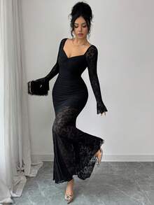 SHEIN Franclia 法式复古别致黑色蕾丝连衣裙 | V 领设计，胸部褶皱，收腰长款廓形，喇叭袖，薄纱蕾丝拼接鱼尾裙摆 | 适合晚宴、派对和浪漫约会的奢华优雅礼服 - 紅色 - 查看 7