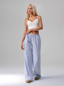 TRNVIE Pink 100% Cotton Low Waist Drawstring Tie Straight Leg Pants, Fashionable Casual Homewear For Women, Spring Fall Cloth For Women - Royal Blue - View 5