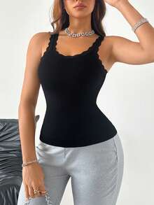 SuitURBody Women's Sexy Lace Camisole, Casual Minimalist Fitted T-Shirt, Suitable For All Seasons, Wear As Undershirt For Home, Commute, And Daily Occasions - Black - View 3