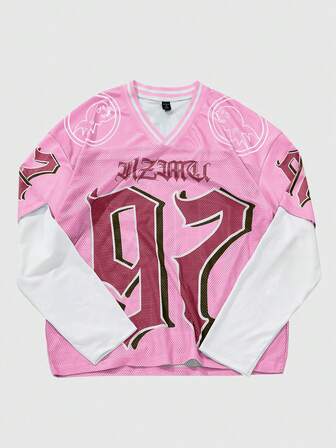 Men's Preppy V-Neck 97 Numeric Pattern Mesh T-Shirt