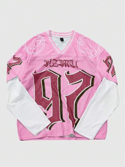 Men's Preppy V-Neck 97 Numeric Pattern Mesh T-Shirt