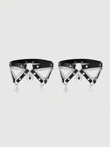 ROMWE 2pcs Women's Black Crystal Spider Accessory Chain Decor Gothic Leg Garter Shorts, Versatile For Halloween & Daily Wear - Black Bullhead Spider Cross Leg Ring - View 5