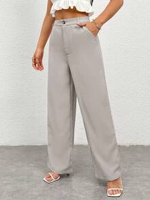 SHEIN PETITE Women Casual Solid Color Straight-Leg Pants - Light Grey - View 7