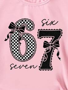 这款少女百搭休闲时尚创意个性清新花卉蝴蝶结67号字母标语印花短袖T恤，舒适温暖，适合春夏秋三季日常穿着。 - 粉色 - 查看 5