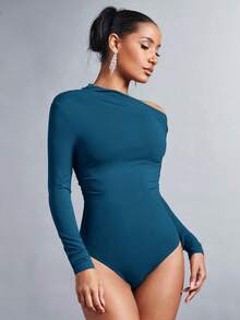 SHEIN BAE 女士时尚休闲纯色斜肩长袖连体衣 - 水鴨藍 - 查看 6