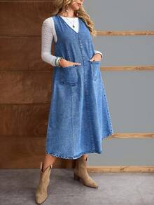 EMERY ROSE Váy liền quần denim thiết kế túi rộng thoải mái cho nữ, mùa thu - Màu xanh lam - Xem 5