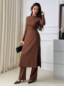 EURMUSE High-Neck Longline Tunic, Side-Slit Detail, Slim Fit Silhouette, Long Sleeves, Matching Flared Pants, Soft Stretchy Fabric, Elegant Minimalist Set, Timeless Grey Tone, Comfortable All-Day Wear, Modern Chic Look - Brown - View 6