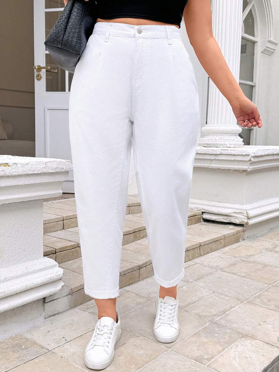 Lounesse Plus Size High Waist Plicated Detail Roll Hem Tapered Jeans - White - View 1