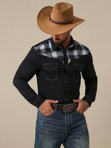 Manfinity Nomadique Camicia casual a maniche lunghe con patchwork a quadri, monopetto, stile cowboy, per uomo, adatta per concerti country, rodeo e stile western