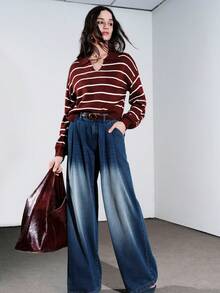 SHEIN PETITE 藍白條紋秋季優雅高雅校園返校風深紅色 Polo 領撞色長袖休閒套頭針織上衣，適合嬌小女性 - 酒紅色 - 查看 6