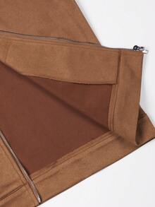 Calvornis Men Zip Up Suedette Motorcycle Jacket, Plain, Long Sleeve, Going Out, Casual, Boyfriend Gift Fleece, Winter - Brown - View 7