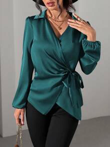 EMERY ROSE Western Inspired Shiny Fabric Side Tie And Puff Sleeve Casual Stylish Women Blouse Fall Cloth For Women - Teal Blue - View 6