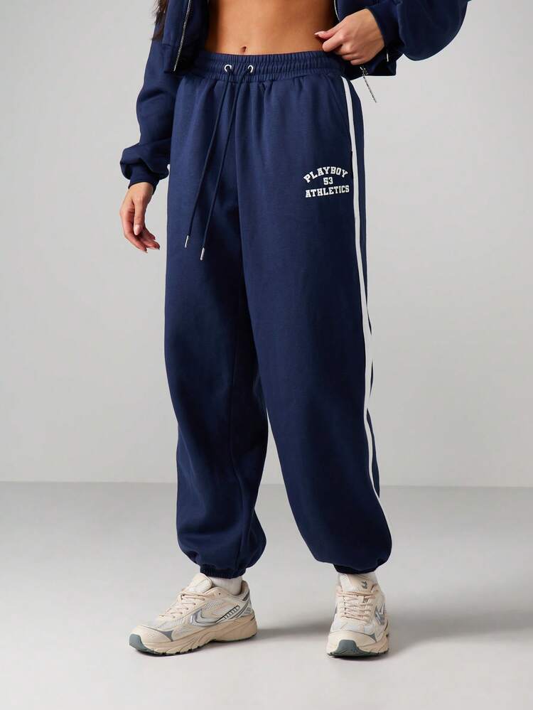 Missguided x Playboy Athletics Drawstring Jogger Sweatpants With White Side Stripe And Cuffed Hem For Casual Comfort