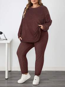 SHEIN CURVE+ 2 件套女士加大码法式返校运动装，简约纹理紧身裤和长袖上衣套装/秋冬 - 棕色 - 查看 4