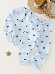 Young Boys Pajamas-Pajama Set Button Front Long Sleeve Collar Shirt Long Pants Cartoon Car Print Blue White Striped Loungewear All Season 2026 New Year Essential Versatile And Comfortable Warm And Cute Style - Multicolor - View 4