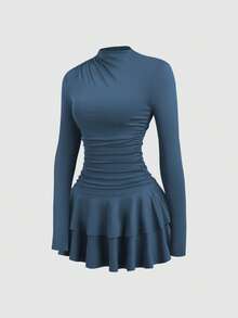 SHEIN PETITE 女士红色长袖高领褶皱腰身复古连衣裙，秋冬款 - 藍色 - 查看 3