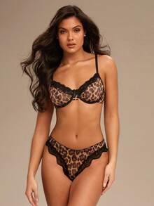 Enchnt 2pcs/Set Sexy Leopard Print Lace Trim Sheer Mesh Lingerie Bra And Panty Set - Black - View 4